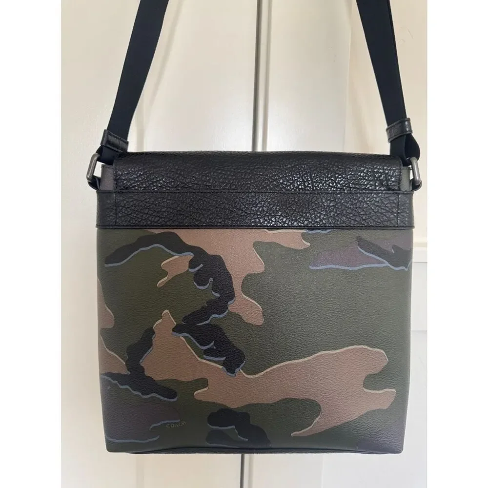 Coach Men's Black & Camouflage PVC Leather Crossbody Messenger Bag Flap Closure